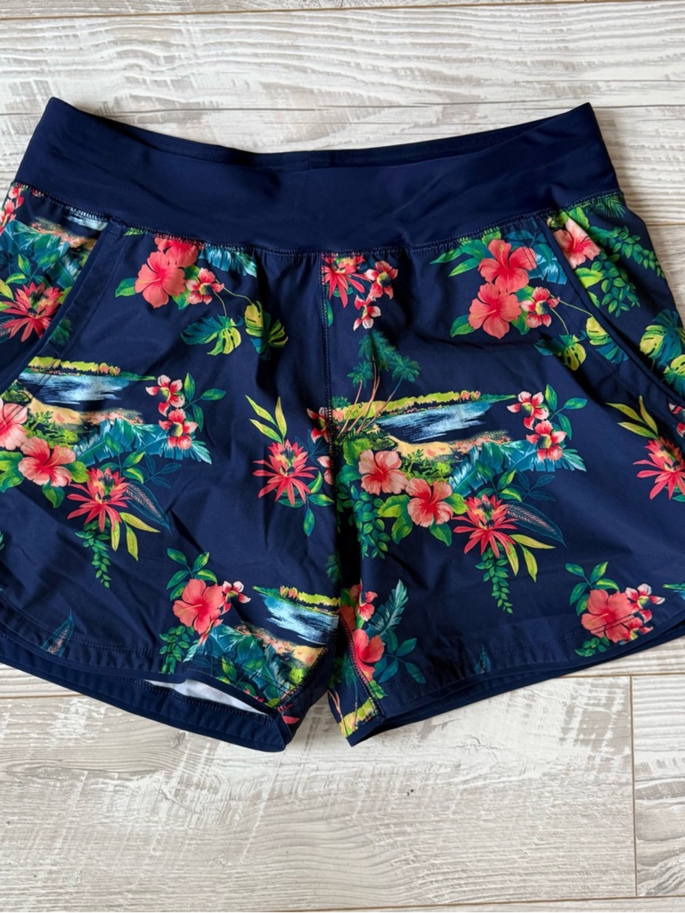 Lands End 5" Swim Shorts Cover Up Built in Brief navy green floral tropical 10